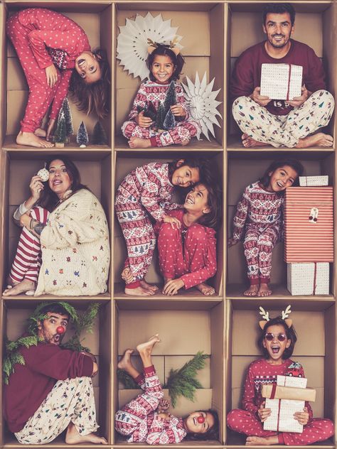 Fun Family Holiday Photos, Home Christmas Photoshoot Ideas, Family Holiday Photoshoot Ideas, Toddler Christmas Box Pictures, Family Photo Ideas Christmas, Family Box Photoshoot, Box Holiday Photos, Christmas Box Picture Ideas, Funny Christmas Family Photo Ideas