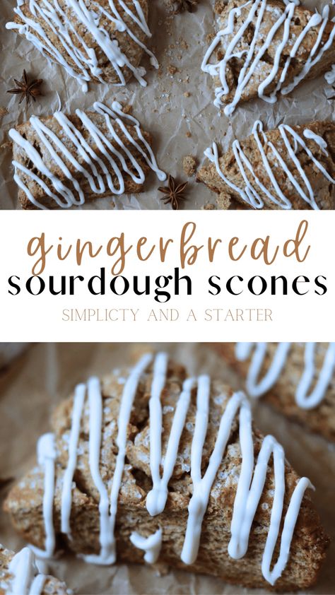 Indulge in the perfect blend of sourdough magic and festive flavors with our Gingerbread Sourdough Scones. Crafted from sourdough discard, rich molasses, and a hint of ground ginger, these delightful treats are topped with a luscious vanilla glaze – a heavenly twist on a classic holiday favorite Gingerbread Sourdough Scones, Sourdough Discard Recipes Vegan, Gingerbread Sourdough Bread, Gingerbread Sourdough, Christmas Sourdough Scoring, Sourdough Scones, Sourdough Breads, Recipe Using Sourdough Starter, Easy Gingerbread