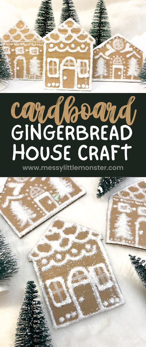 Cardboard Gingerbread House Craft Cardboard House Decoration, Cardboard Gingerbread Houses Diy, Gingerbread House With Cardboard, Diy Paper Houses Christmas, Christmas Crafts Gingerbread House, How To Build A Gingerbread House, Cardboard Cookie Craft, Gingerbread House Kids Craft, Cardboard Box Gingerbread House Diy