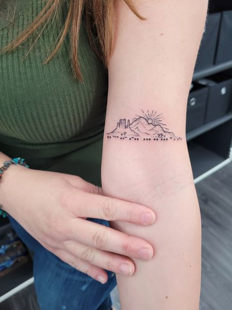 Arm Tattoo/AZ Desert/Soul Sister/Morse Code/Cactus Tiny Desert Tattoo, Mountain And Desert Tattoo, Desert Wrist Tattoo, Sedona Tattoo Simple, Desert Western Tattoo, Small Desert Tattoos For Women, Small Desert Tattoo Ideas, Az Tattoo Ideas, Utah Mountain Tattoo