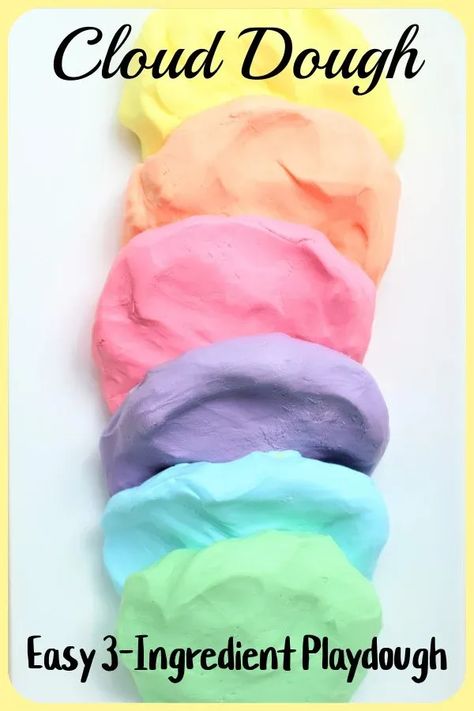 It takes just 3 simple ingredients (cornstarch, lotion or conditioner), and food colouring (optional) to make this simple, no-cook playdough that is a blast to play with. Kids have fun making the playdough, too! #clouddough #playdough #playdo #cornstarchplaydough #nocookplaydough #3ingredientplaydough #2ingredientplaydough #kidscooking #lotionplaydough Corn Starch Play Dough Recipe, Individual Playdough Recipe, Hair Conditioner Playdough Recipe, Play Dough With Conditioner, Best Playdough Recipe Ever, No Salt Playdough, Homage Play Dough, Cornstarch Conditioner Dough, Easy Play Dough Recipe No Cook