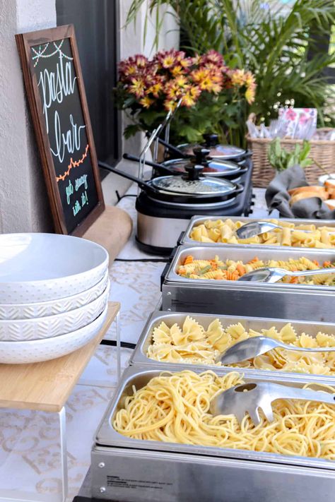 Food Options For Birthday Party, Pasta Bar For Graduation Party, Pasta Graduation Party Bar Ideas, Birthday Dinner Buffet Ideas, Food Ideas Wedding Receptions, Display Silverware For Buffet, Graduation Party Pasta Bar, Pasta Bar Toppings, Pasta Bar Ideas Buffet Dinner Parties