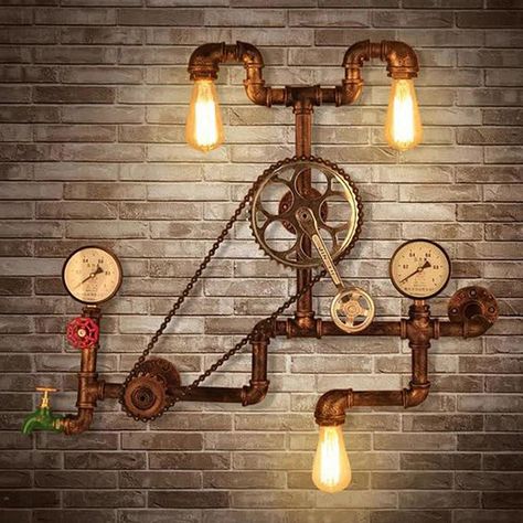 Punk Furniture, Restaurant Wall Lights, Steampunk Door, Industrial Lamp Design, Loft Restaurant, Pipe Wall Lamp, Steampunk Home Decor, Pipe Lamps, Steampunk Wall