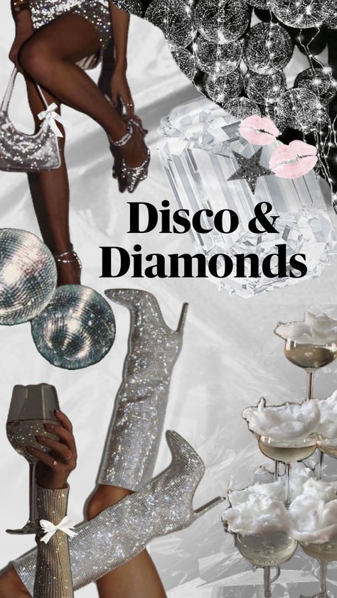 #nyeinspo #nye #silver #silveraesthetic #champagne #bacheloretteinspo #bachelorettetheme #partytheme #disco #diamonds #glam #glitter #sparkle Glitz And Glamour Party, Disco Party Aesthetic, Diamond Theme Party, Disco Theme Party, Diamond Theme, Champagne Birthday, Disco Birthday Party, Glamour Party, Disco Glam