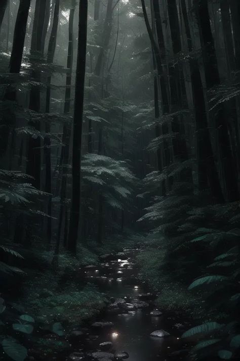 The image is a dark and moody forest. The trees are tall and the branches are thick, creating a dense canopy that blocks out the sun. The ground is covered in a thick layer of leaves and moss. There is a small stream running through the forest, and the sound of the water is the only thing that can be heard. The forest is full of mystery and danger, and it is easy to imagine that there are all sorts of creatures lurking in the shadows. Anime Mysterious, Moody Forest, Nature Story, Hansel Gretel, Dense Forest, Dark Tree, Tree Canopy, Dark And Moody, Tall Trees