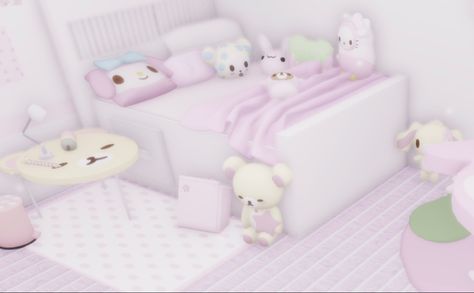 Bloxburg Kawaii House, Bloxburg Kawaii Room, Animal Crossing Bedroom Ideas Pink, Coquette Adopt Me House, Animal Crossing Room Ideas Pink, Kawaii Core Bed, Adopt Me Small House Ideas, Cute Dorm Ideas, Cottage Core House