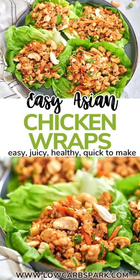 These Asian chicken lettuce wraps are full of juicy ground chicken and crunchy veggies, all wrapped in a crisp piece of lettuce. They hit the perfect balance of sweet, savory, and spicy. Plus, they’re ready in just 20 minutes. They're easy, healthy, and might just become your new favorite meal. Healthy Asian Chicken, Easy Asian Chicken, Asian Chicken Wraps, Thai Chicken Lettuce Wraps, Easy Lettuce Wraps, Lettuce Wraps Healthy, Asian Chicken Lettuce Wraps, Asian Lettuce Wraps, Chicken Lettuce Wraps Recipe