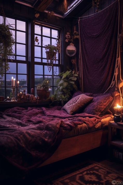 Witchy Bedroom Ideas, Romantic Bedroom Design, Witchy Bedroom, Goth Bedroom, Bedroom Purple, Gothic Bedroom, Purple Bedrooms, Bedroom Ambiance, Purple Bedroom