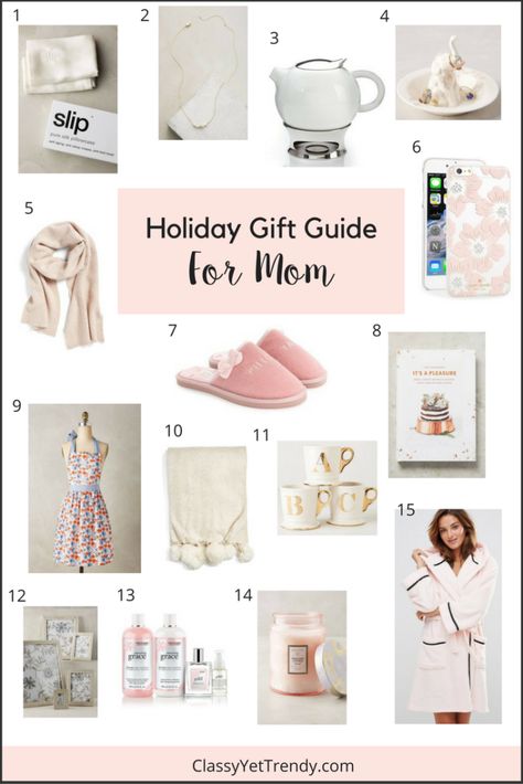 Holiday Gift Guide: For Mom - the perfect Christmas presents ideas - robe, plush throw, teapot, spa set perfume, slippers, necklace, candle, pillow cover, apron, cookbook. Christmas Presents Ideas, Christmas Presents For Moms, Mom Gift Guide, Presents Ideas, Classy Yet Trendy, Diy Gifts For Mom, Unique Gifts For Mom, Spa Set, Friends Diy