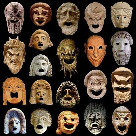 Greek Theatre Masks, Types Of Masks, Ancient Greek Clothing, Greek Plays, Ancient Greek Theatre, Greek Theatre, Drama Masks, Theatre Masks, Masks Art