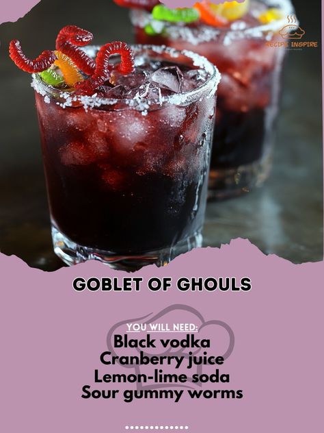 Raise your spirits with this Goblet of Ghouls! A delightfully spooky drink to celebrate Halloween! 🕷️🍸 #GhoulishSips Goblet of Ghouls Ingredients: Black vodka (1.5 oz) Cranberry juice (3 oz) Lemon-lime soda (1 cup) Sour gummy worms (for garnish) Instructions: In a glass, combine black vodka and cranberry juice. Add ice and top with lemon-lime soda. Garnish with sour gummy worms for a spooky touch. 🕷️✨ Enjoy the Goblet of Ghouls! This fun and festive drink will thrill your guests and eleva... Vodka And Cranberry Juice, Black Vodka, Cranberry Juice And Vodka, Sour Gummy Worms, Spirit Drink, Lemon Lime Soda, Gummy Worms, Lime Soda, Festive Drinks