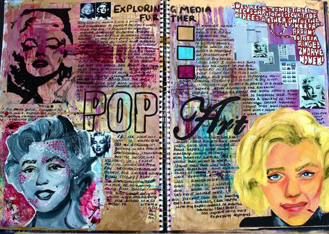 Finding inspiration from traditional pop art techniques to compose a final structure for Marilyn Monroe. This is page allowed me to also look at different aspects within pop art and use combined colours to create a visual large-scale. Art Sketch Book Backgrounds, Art Workbook Ideas, Mindmaps Art A Level, Gcse Art Background Ideas Sketchbooks, Gcse Art Presentation, Sketchbook Fonts, Final Design Page Sketchbook Ideas, A Level Art Sketchbook Pop Art, Pop Art Sketchbook Page