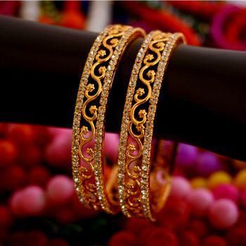 Gold Plated Stone Studded Designer Bangles Set Of 2 - Classiques - 3096544 Plain Gold Bangles, Gold Bangles Indian, Gold Bangles For Women, Gold Bangle Set, Gold Jewelry Simple Necklace, Gold Necklace Indian Bridal Jewelry, The Bangles, Gold Jewelry Stores, Bangles Design