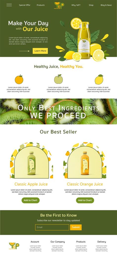 I designed a website layout for a brand that makes and distributes healthy and delicious juice. YEP Juice. Would you like to see the brand identity from this website design? Just click the link. Healthy Website Design, Cafe Website Design, Healthy Website, Cafe Logos, Food Website Design, Cafe Website, Juice Ad, Food Web Design, Juice Branding