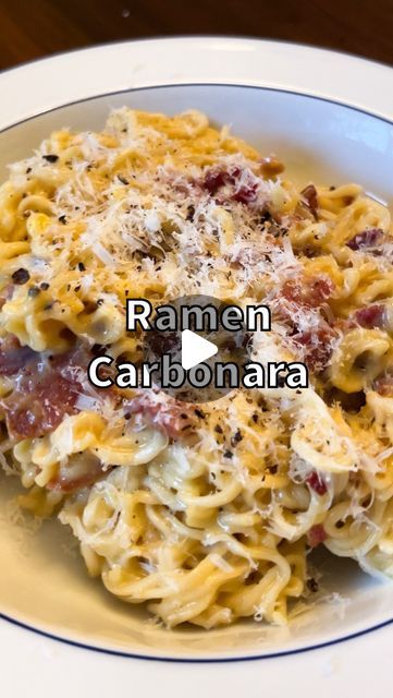 Reid Quiggins on Instagram: "Ramen Carbonara… The Next Big Food Trend of 2024? Recipe (single serving) ▫️1 egg ▫️1 egg yolk ▫️1/4 cup grated parmesan ▫️Fresh cracked pepper ▫️1 packet instant ramen noodles ▫️2 slices of bacon, chopped fine ▫️1 tsp olive oil Method Discard flavor packet and prepare ramen noodles according to package instructions, reserving 1/4 cup of water. Toss in olive oil to prevent from sticking. In a pan, heat olive oil over medium-low heat and cook bacon slowly to render out fat until brown and crispy. Mix egg and Parmesan mixture in a bowl and add to pan along with noodles over lowest heat. Mix vigorously, adding in a splash or two of pasta water, until sauce becomes thicker and coats the noodles. Immediately remove from heat and top with cracked pepper ✒️ Reid Ramen Carbonara, Big Food, Ramen Noodle Recipes, Instant Ramen, Carbonara Pasta, Cracked Pepper, Single Serving, Big Meals, Retro Recipes