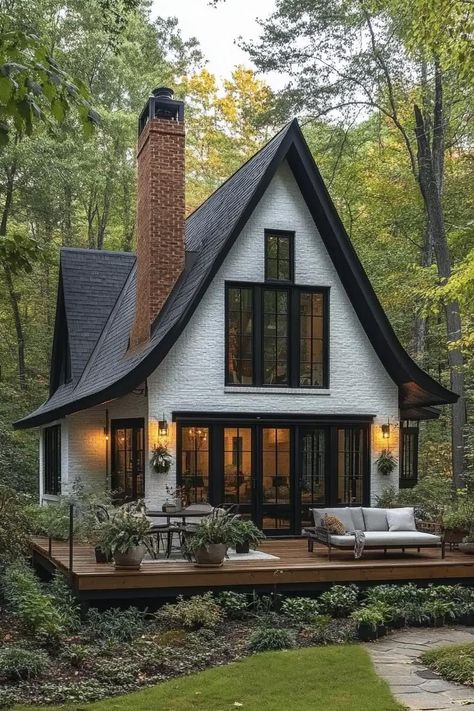 Farm Cottage House Exterior, Twilight Cottage Floor Plan, Tiny House On A Hill, Old Mill House Renovation, Cottage In The Woods House Plans, House Design Cute, Black Brick Chimney Exterior, Modern Cottage Architecture, Gothic Cottage House Plans