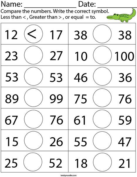 Comparing two-digit numbers Math Worksheet - Twisty Noodle Comparing Numbers Worksheet, Easy Math Worksheets, Kindergarten Math Worksheets Free, Math Addition Worksheets, First Grade Math Worksheets, Numbers Worksheets, Math Sheets, Mathematics Worksheets, Comparing Numbers