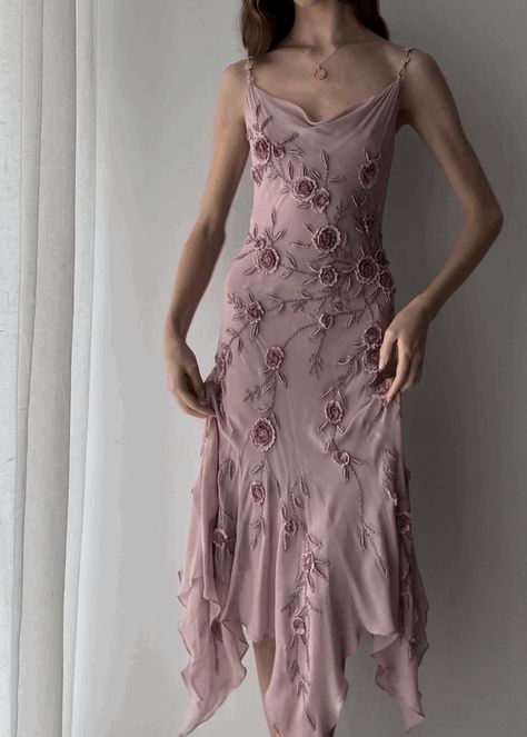 Fairy Dress Silk, Vintage Silk Dress Aesthetic, Embroidered Slip Dress, Ethereal Fairy Dress, Fairy Slip Dress, Vintage Chiffon Dress, Vintage Pink Mini Dress, Pink Vintage Prom Dress, Silk Embroidery Dress