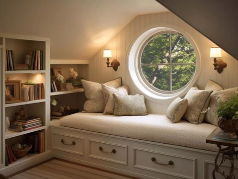 35 Best Layout Tips for a Small Attic Bedroom with Sloping Ceilings Dormer Window Bedroom Ideas, Circle Window Bedroom, Rooftop Bedroom Ideas Attic Rooms, Cape Cod Upstairs Ideas Sloped Ceiling, Built Ins Slanted Ceiling, Slanted Ceiling Room Ideas, Attic Bedroom Staircase, Attic Guest Room Sloped Ceiling, Attic Built Ins Slanted Walls