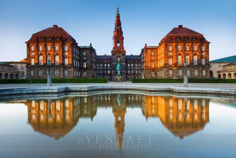 Copenhagen - Reflections of Christiansborg Palace at Dusk Christiansborg Slot, Danish Castles, Denmark Castles, Baltic Sea Cruise, Country Architecture, Christiansborg Palace, Castle Island, Denmark Copenhagen, Historical Buildings