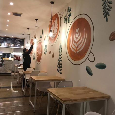 Wallpaper For Cafe Shop, Coffee Shop Wall Mural Ideas, Cafe Wall Murals Coffee Shop, Coffee Bar Mural, Cafe Painting Wall, Coffee Mural Wall, Coffee Shop Mural Wall, Coffee Shop Mural Ideas, Cafe Mural Ideas Coffee Shop