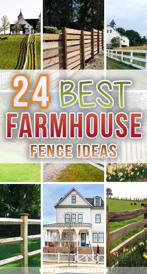 Farmhouse Wood Fence Ideas, Modern Farm Fence Design, Landscape For Farmhouse Yards, Fencing Front Of House, Landscape Ideas For Country Homes, Fence For Front Of House, Farm Yard Fence Ideas, Fencing Ideas Farmhouse, White House Fence Ideas