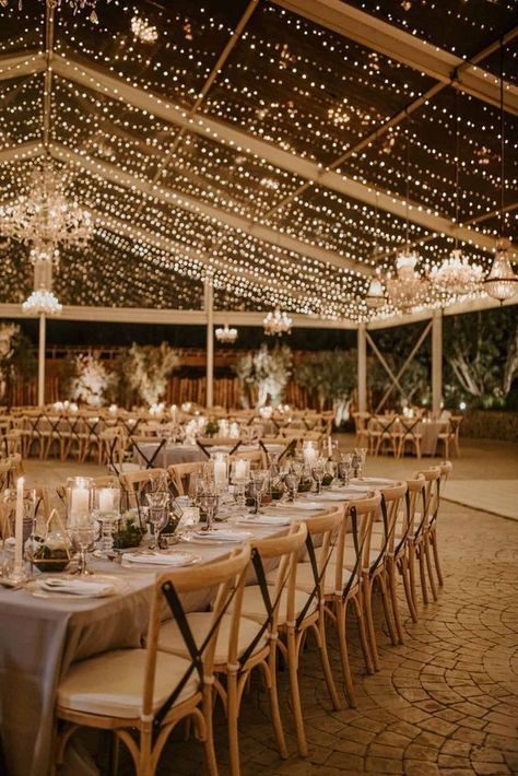 Wedding Venues With Lights, Wedding Venue Floral Ceiling, Wedding Reception Lights Outdoor, Tent Wedding Venue Ideas, Different Wedding Venues, Wedding Tent Fairy Lights, Wedding Venues Tent, Wedding Venues Ideas Outdoor, Outside Venue Wedding