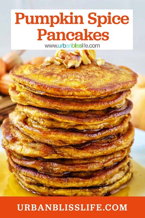 Make a big stack of these easy and delicious Pumpkin Spice Pancakes -- the perfect fall breakfast or brunch! Easy recipe at UrbanBlissLife.com. Pumpkin Pancakes Recipe, Pumpkin Pancakes Easy, Spice Pancakes, Pumpkin Spice Pancakes, Pumpkin Pancake Recipe, Homemade Pumpkin Puree, Brunch Easy, Pumpkin Pancakes, Fall Breakfast