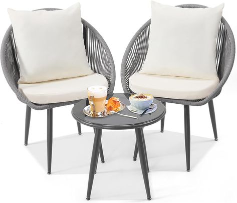 Wildformers 3 Pieces Bistro Set, Woven Rope Chair with Cushions, All Weather Patio Conversation Set and Side Table, Ideal for Deck, Balcony, Poolside, Grey Modern Porch Chairs, All Weather Patio, Minimalist Outdoor Furniture, Deck Balcony, Rope Chair, Glass Top Side Table, 3 Piece Bistro Set, Small Deck, Glass Top Coffee Table