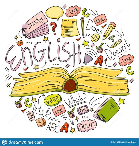 Doodle Art For English Subject, English Language Cover Page, Language Cover Page Aesthetic, Subject Design Notebook English, English Club Logo Design, English Subject Cover Page, English Logo Schools, Language Cover Page, English Doodles School