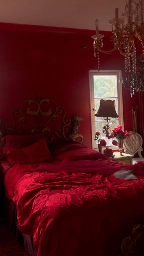 Red Princess Bedroom, Red Bedroom Aesthetic Cozy, Red Bedroom Aesthetic Grunge, Burgundy Bedroom Aesthetic, Red Y2k Room, Red Themed Bedroom Aesthetic, The Love Witch Bedroom, Red Romantic Bedroom, Femme Fatale Room Decor