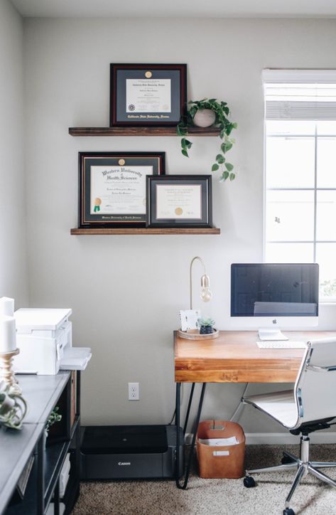 Office Space Decor Professional, Work Place Office Decor Ideas, Office Decor Diploma, Office Wall Diploma Decor, Wall Diploma Display, Office Medical Decor, Hanging Office Decor, Diploma Display Wall Living Rooms, Accomplishment Wall Ideas