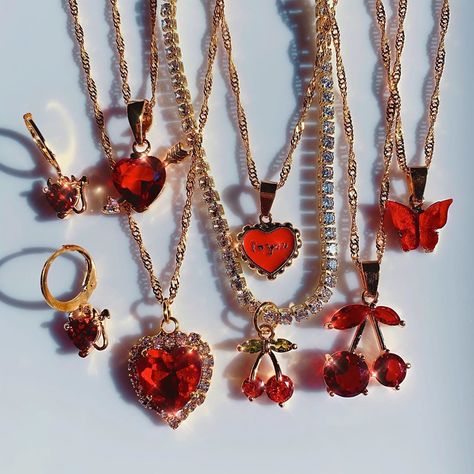 Red Aesthetic Jewelry, Heart Jewelry Aesthetic, Gold And Red Jewelry, Red Jewerly, Red Items, Red Aesthetics, Red Theme, Fruit Jewelry, Red Accessories