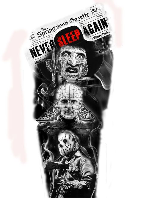 Arm Sketch, Movie Character Tattoos, Horror Tattoo Design, Freddy Krueger Tattoo, Horror Sleeve, Christus Tattoo, Halloween Tattoos Sleeve, Michael Meyers, Harley Tattoos