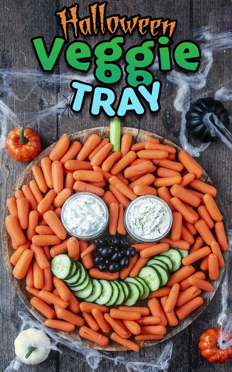 A pumpkin shaped vegetable platter with a text overlay title. Halloween Veggie Platter, Super Easy Party Food, Halloween Veggie Tray, Pumpkin Platter, Halloween Platter, Eating Veggies, Veggie Platter, Pumpkin Vegetable, Mini Carrots