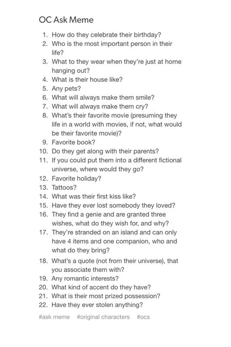 Character Question Sheet, Story Ideas For Ocs, Character Design Questionnaire, Things To Ask About Your Character, Questions To Ask Ocs, Questions About Characters, Oc Questions Writing Prompts, Goals To Give Characters, Story Building Questions