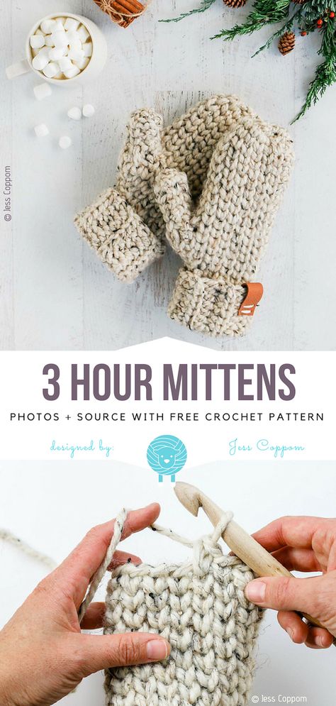 3 Hour Mittens Free Crochet Pattern #freecrochetpattern #crochet #crochetpattern #freepattern #woolpatterns #winter #mittens #gloves #mitts Hand Mittens Crochet, Chunky Yarn Crochet Mittens, Knitted Home Accessories, Velvet Mittens Crochet Pattern, 6 Bulky Yarn Patterns, What To Do With Chunky Yarn, Beginner Crochet Mittens, Super Bulky Crochet Mittens Free Pattern, Chunky Mittens Crochet Pattern Free