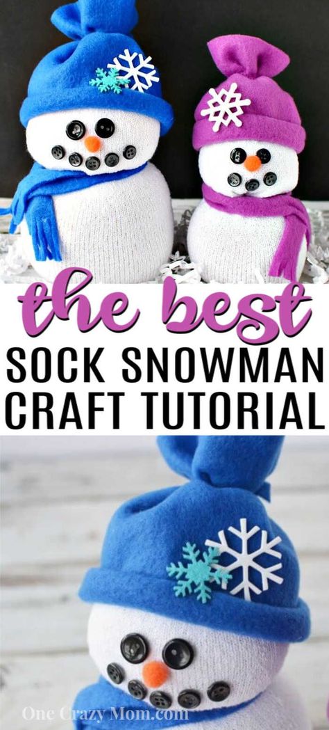 You will love learning how to make sock crafts! Find out how to make a snowman made out of socks with rice for kids. This DIY easy Sock Snowman craft with hats is so cute and simple to make!  Everyone in the family will love this winter no sew craft! #onecrazymom #sockcrafts #socksnowman Sock Santa Craft, Tube Sock Snowman For Kids, Snowman Made Out Of Socks And Rice, Sock Snowmen With Rice Diy, How To Make Sock Snowmen With Rice, Snowman Hats To Make, Snowman Rice Sock, How To Make Snowmen Out Of Socks, Sick Snowman Craft