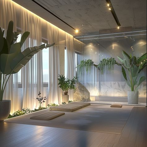 Image House Yoga Room, Yoga Salon Design, Wellness Area At Home, Yoga Center Design Interior, Modern Wellness Center, Yoga Room In House, Wellness Room Design, Holistic Interior Design, Yoga Room Ideas Zen Space