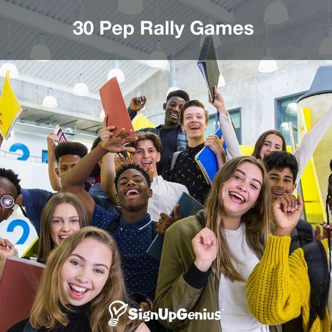 30 pep rally games for schools Spirit Assembly Ideas, Student Council Games Pep Rally, Spirit Week Games Activities, Pepfest Games, Homecoming Week Activities, Pep Assembly Games Activities, Homecoming Game Ideas, High School Assembly Games, Pep Rally Skits Ideas