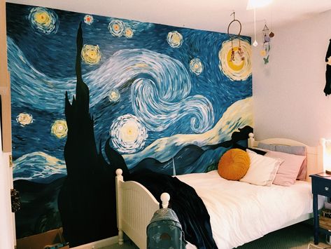 Starry Night Mural Bedrooms, Starry Night Painting On Wall, Starry Night Parking Spot, Starry Night Wall Painting, Starry Night Room Decor, Starry Night Mural, Bedroom Mural Ideas Paint, Starry Night Room, Starry Night Bedroom