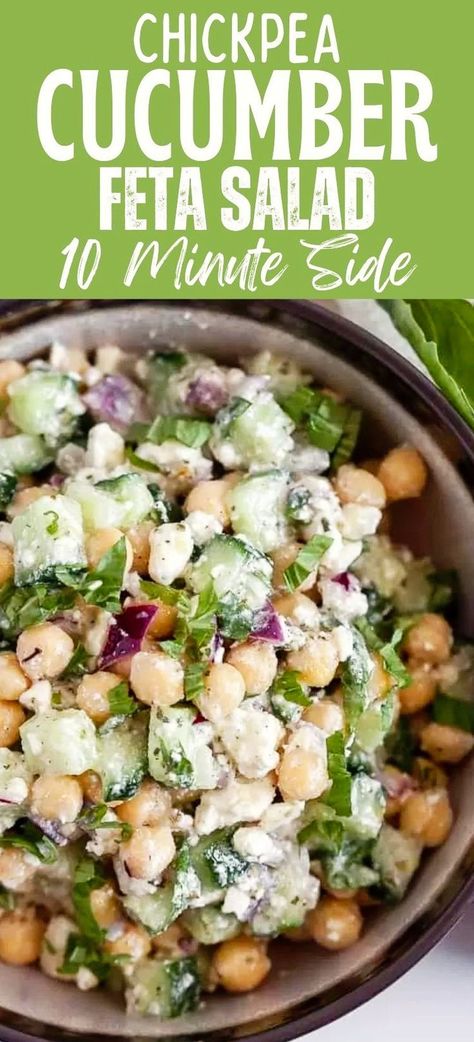 This protein packed Summer salad comes together quickly and easily and features canned chickpeas, crunchy cucumbers, and salty feta cheese. This lemon Greek salad can also be customized by adding your favorite herbs like mint, dill, or basil and is a great healthy side dish that comes together in just 10 minutes or less! Make for memorial day or fourth of july! Mediterranean Diet Chickpea Salad, Cucumber And Bean Salad, Chickpeas Cucumber Salad, Cucumber Greek Yogurt Salad, Cucumber Dill Chicken Salad, Cold Healthy Lunch Ideas For Work Clean Eating, Cucumber And Chickpea Salad, Chick Peas Salad Healthy, Simple Salad Recipes Easy