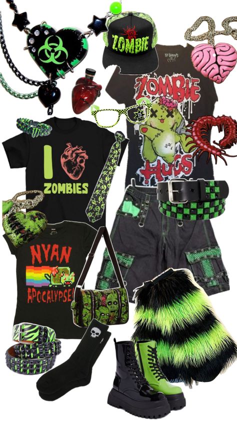 This is inspired by scenecore as well as Zombies! Zombie Scene, Scenecore Outfit, Scene Clothing, Zombie Clothes, Silly Clothes, Scene Core, Scene Outfits, Alt Outfits, Scene Fashion