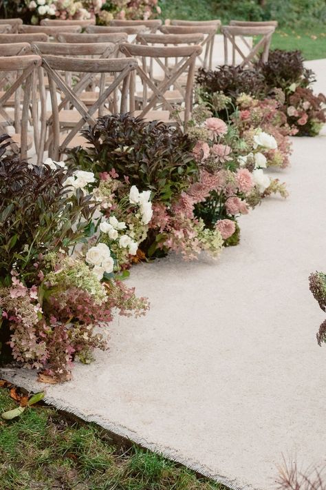 Garden Aisle Wedding Decor, Secret Garden Wedding Ceremony, Overgrown Wedding Aisle, Whimsical Garden Reception, Pink And Green Garden Wedding, Ground Wedding Flowers, Fall Hydrangea Wedding, Alter Wedding Decor, May Wedding Decor