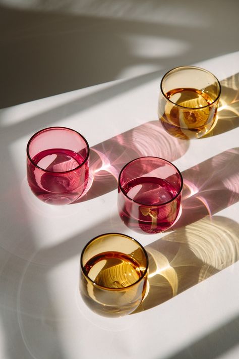 Glass Cup Photoshoot, Stained Glass Cups, Water Glass Aesthetic, Colourful Glassware, Colourful Glasses, Mcm Glassware, Refracting Light, Coloured Glassware, Leith Edinburgh