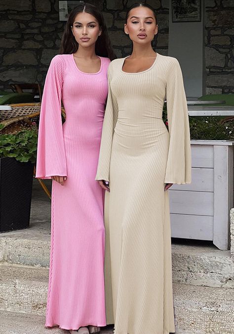 Covered Up Outfits, Soft Material Dress Styles, Trending Maxi Dresses, Pink Modest Dress, Long Maxi Dress Outfits, Brown Long Dress, Maxi Lace Dress, Modest Dresses Fashion, Ribbed Maxi Dress