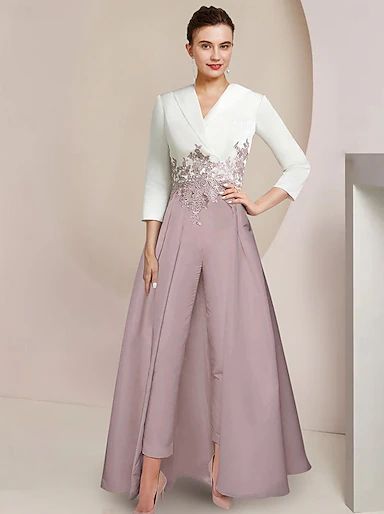 Two Piece Jumpsuit / Pantsuit Mother of the Bride Dress Formal Elegant Shirt Collar Floor Length Stretch Chiffon 3/4 Length Sleeve Wrap Included with Crystals Color Block 2024 2024 - $179.99 Mother Of The Groom Pant Suits Classy, Dress Formal Wedding Guest, Brides Mom, Formal Wedding Guests, Solid Color Jumpsuits, Two Piece Jumpsuit, Mother Of The Bride Dress, Elegant Party, Dress Formal