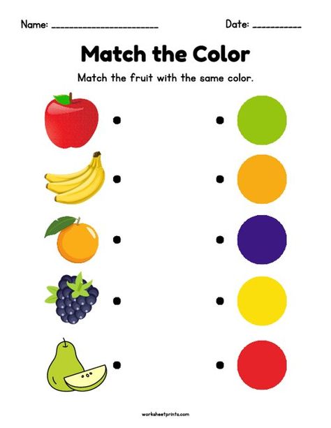 Match the Fruit Color | Kindergarten Worksheets Match The Same Colour Worksheet, Colouring Activities For Kindergarten, Fruits Tracing Worksheets, Worksheets Math For Kindergarten, Worksheet For Kindergarten Printable, Kinder Activity Sheets, Kindergarten Matching Worksheets, Matching Activities For Kindergarten, Match The Colors Worksheet