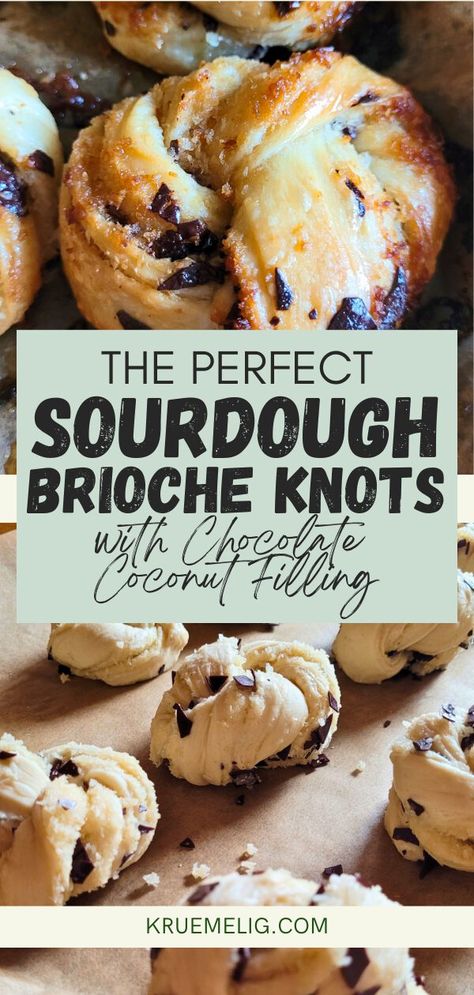 Sourdough brioche knots with chocolate coconut filling - KRÜMELIG% Sourdough Discard Brioche Bread, Sourdough Brioche Bread Recipe, Sourdough Chocolate Rolls, Chocolate Sourdough Recipes, Sourdough Cruffins Recipe, Sourdough Discard Brioche, Sourdough Discard Croissants, Sourdough Sweet Rolls, Sourdough Brioche Bread