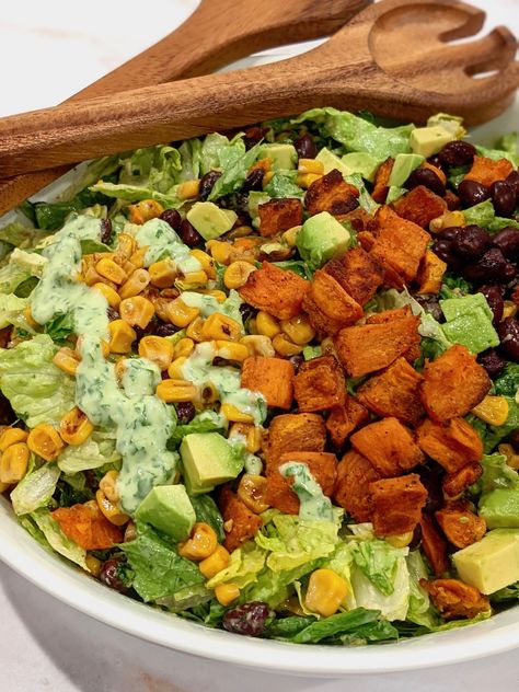 Salad With Avocado Recipes, Avocado Sweet Potato, Southwestern Salad Recipes, Vegetarian Pesto, Avocado Cilantro Dressing, Southwestern Salad, Cilantro Salad, Rice And Beans Recipe, Cilantro Dressing